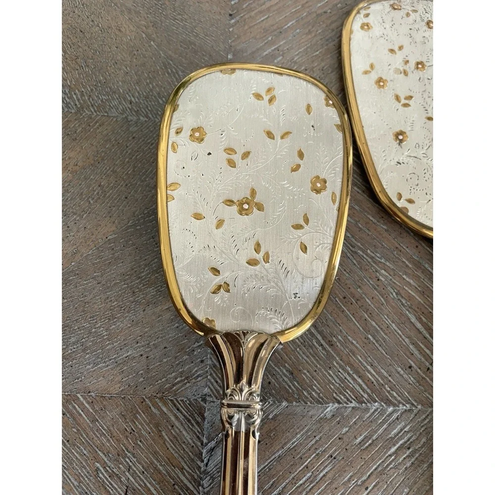 Vtg Ornate Gold & Silver Tone 3 Piece Mirror Comb Hair Brush Vanity Set